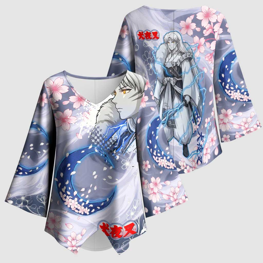 Sesshomaru Inuyasha Series Kimono Sleeve Blouse Elegant Sakura Storm Style with Crescent Moon Motif