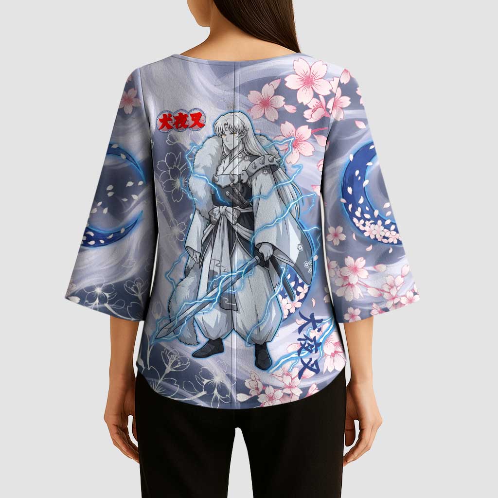 Sesshomaru Inuyasha Series Kimono Sleeve Blouse Elegant Sakura Storm Style with Crescent Moon Motif