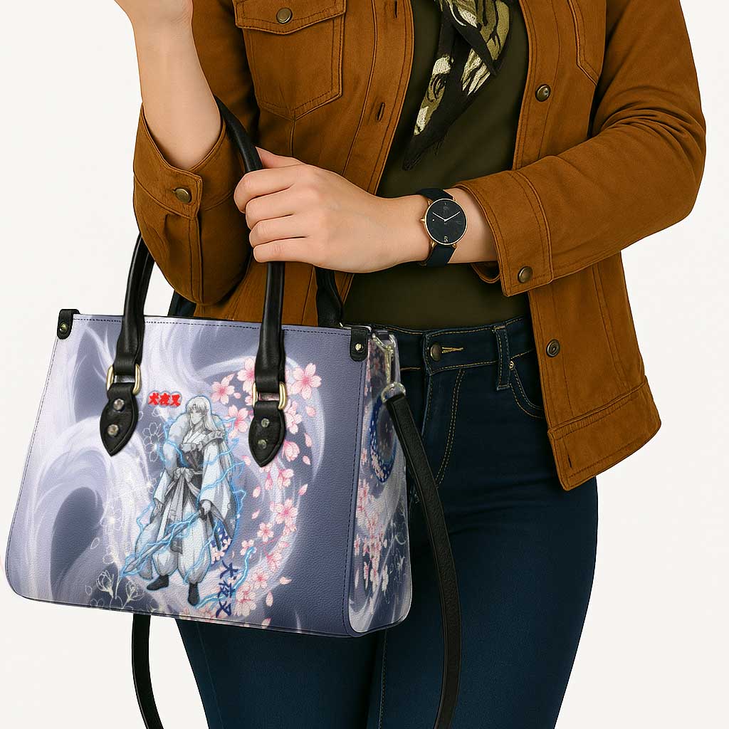 Sesshomaru Inuyasha Series Leather Bag Elegant Sakura Storm Style with Crescent Moon Motif