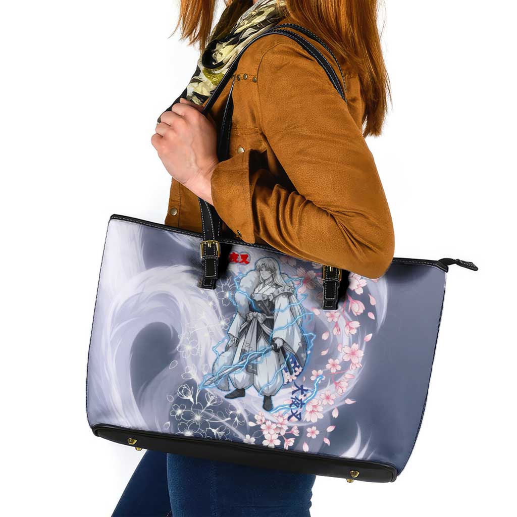 Sesshomaru Inuyasha Series Leather Tote Bag Elegant Sakura Storm Style with Crescent Moon Motif