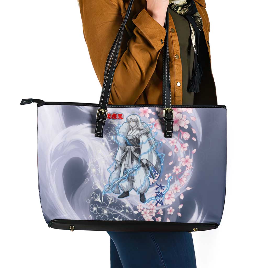 Sesshomaru Inuyasha Series Leather Tote Bag Elegant Sakura Storm Style with Crescent Moon Motif