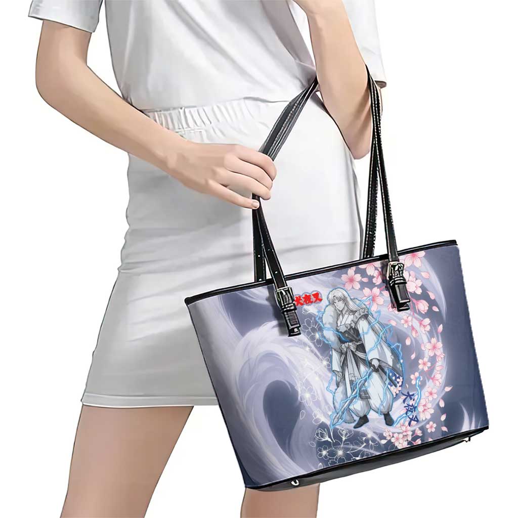 Sesshomaru Inuyasha Series Leather Tote Bag Elegant Sakura Storm Style with Crescent Moon Motif