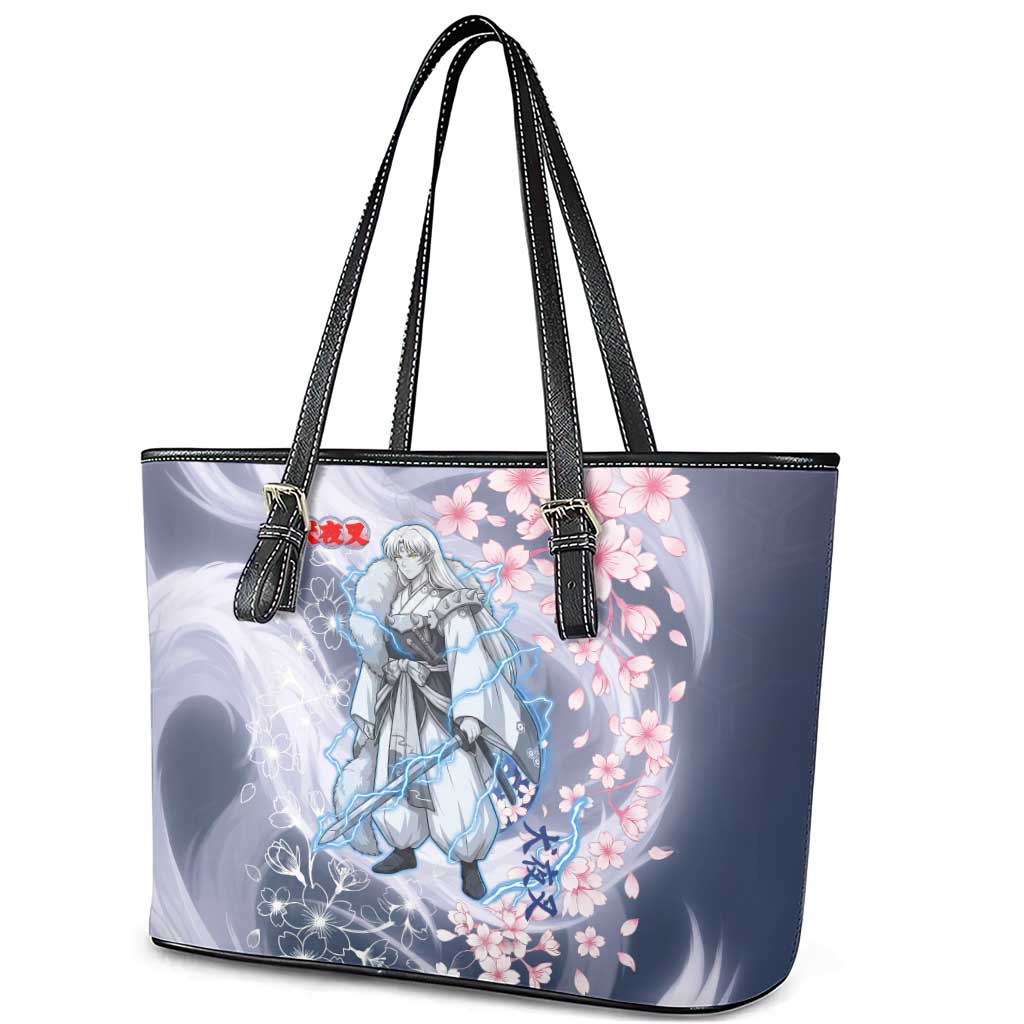 Sesshomaru Inuyasha Series Leather Tote Bag Elegant Sakura Storm Style with Crescent Moon Motif