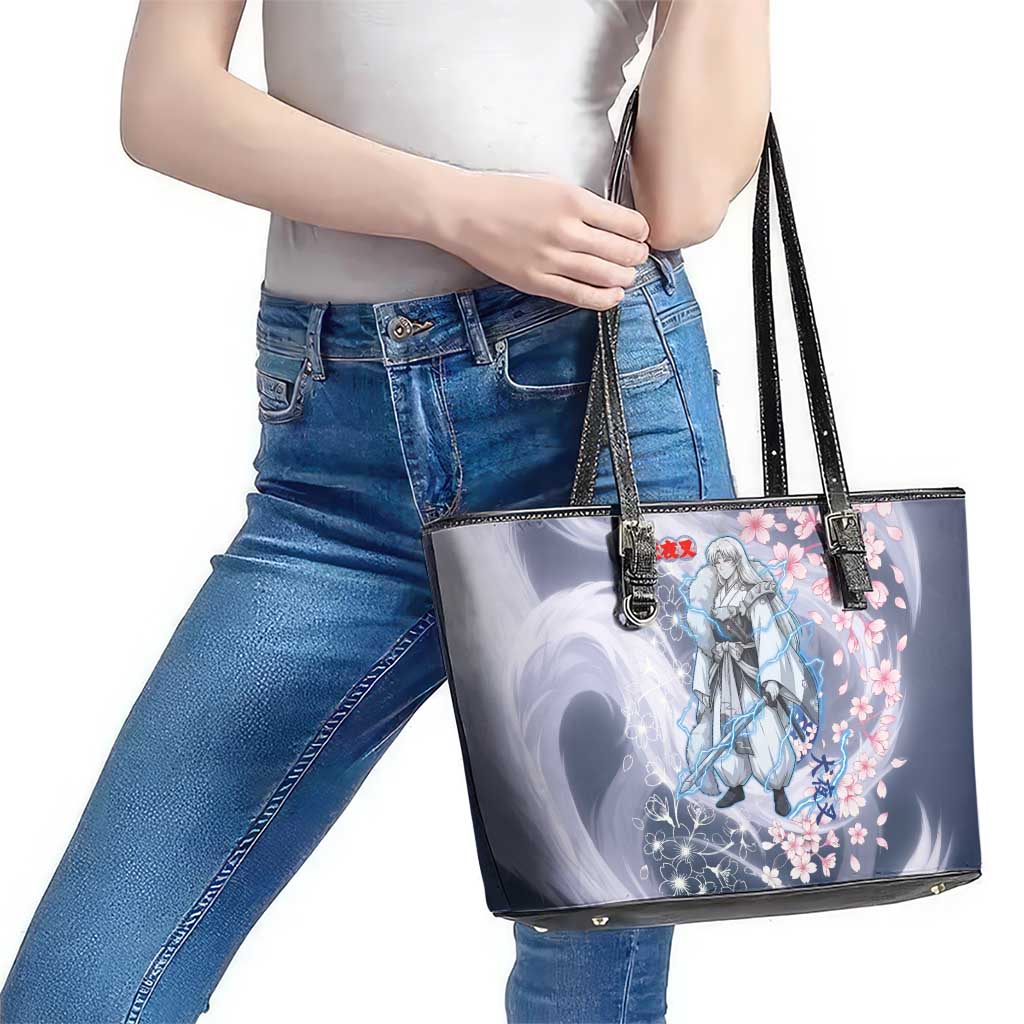 Sesshomaru Inuyasha Series Leather Tote Bag Elegant Sakura Storm Style with Crescent Moon Motif