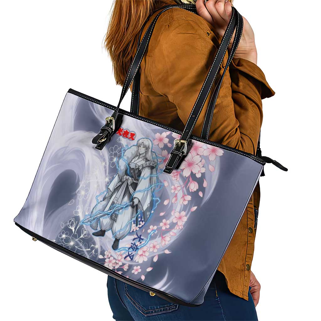 Sesshomaru Inuyasha Series Leather Tote Bag Elegant Sakura Storm Style with Crescent Moon Motif