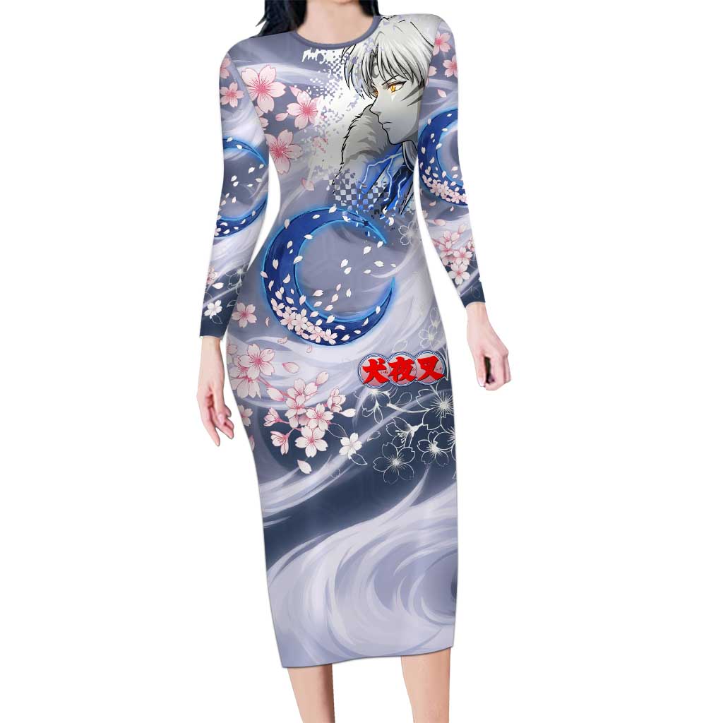 Sesshomaru Inuyasha Series Long Sleeve Bodycon Dress Elegant Sakura Storm Style with Crescent Moon Motif
