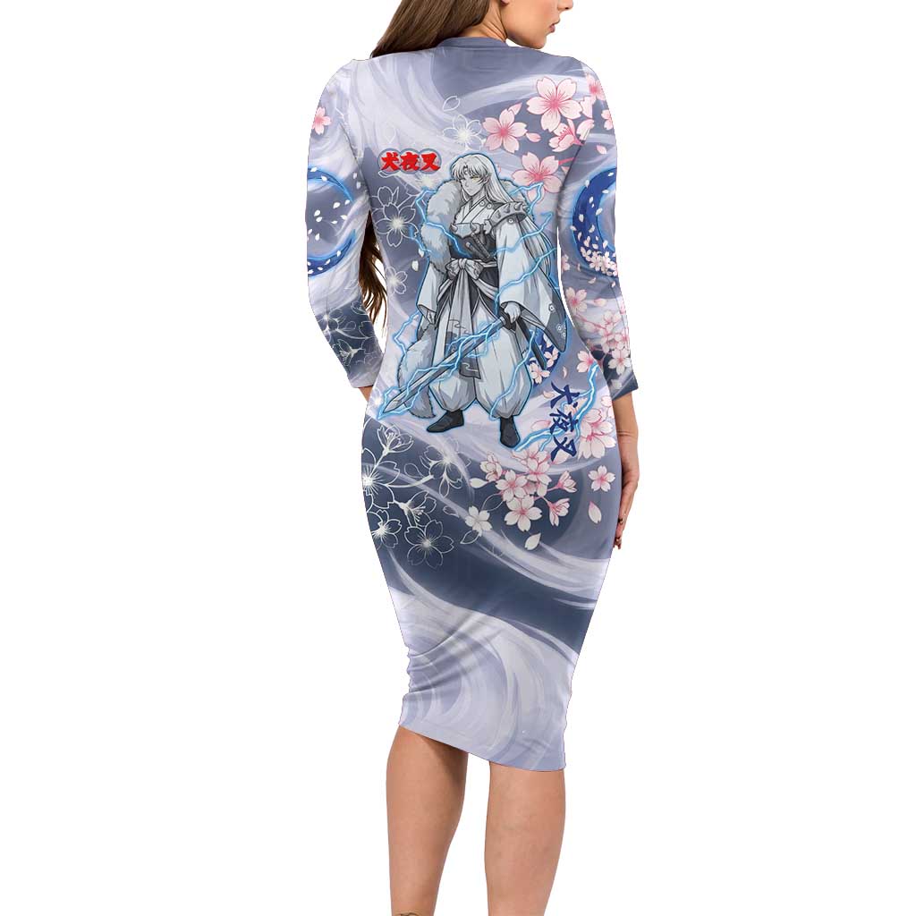 Sesshomaru Inuyasha Series Long Sleeve Bodycon Dress Elegant Sakura Storm Style with Crescent Moon Motif