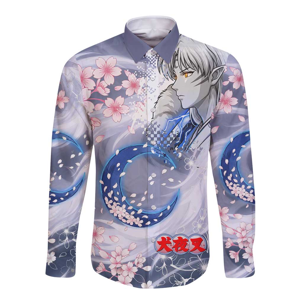 Sesshomaru Inuyasha Series Long Sleeve Button Shirt Elegant Sakura Storm Style with Crescent Moon Motif