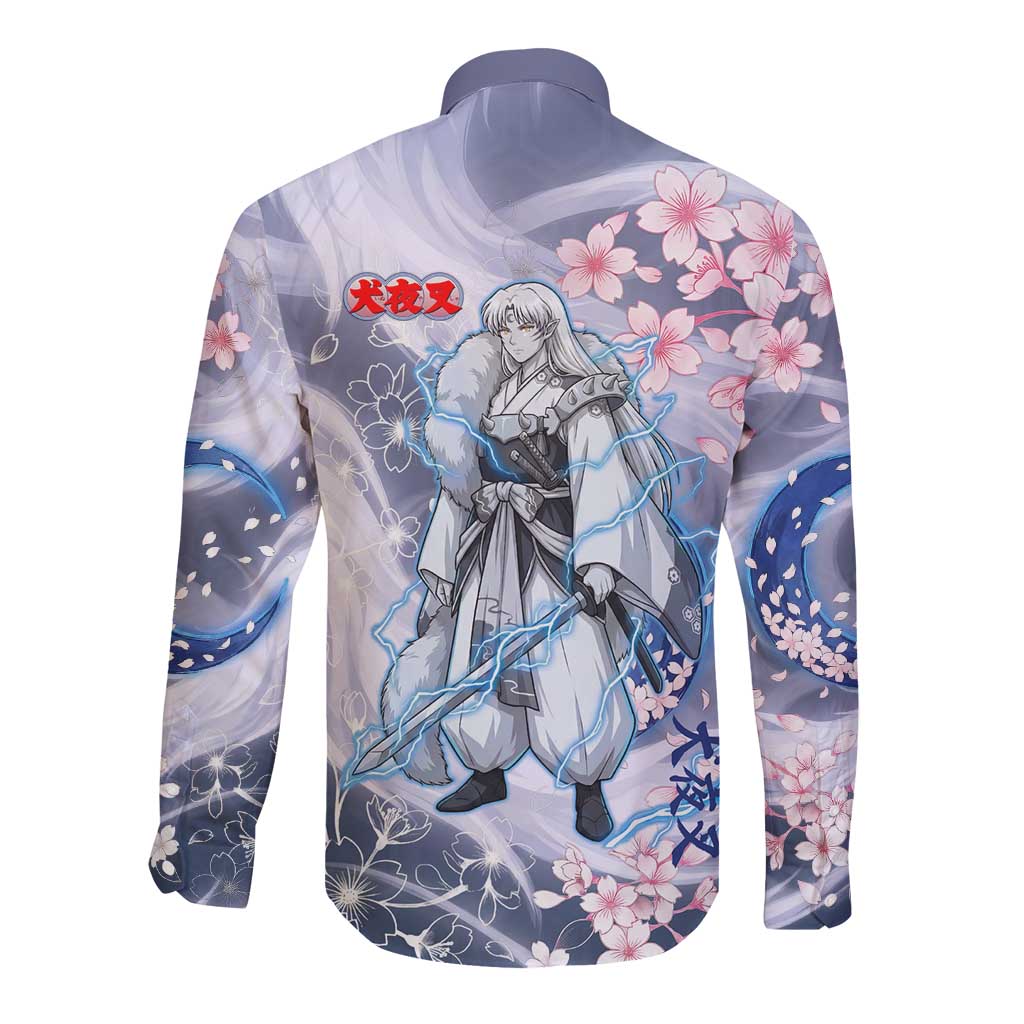 Sesshomaru Inuyasha Series Long Sleeve Button Shirt Elegant Sakura Storm Style with Crescent Moon Motif