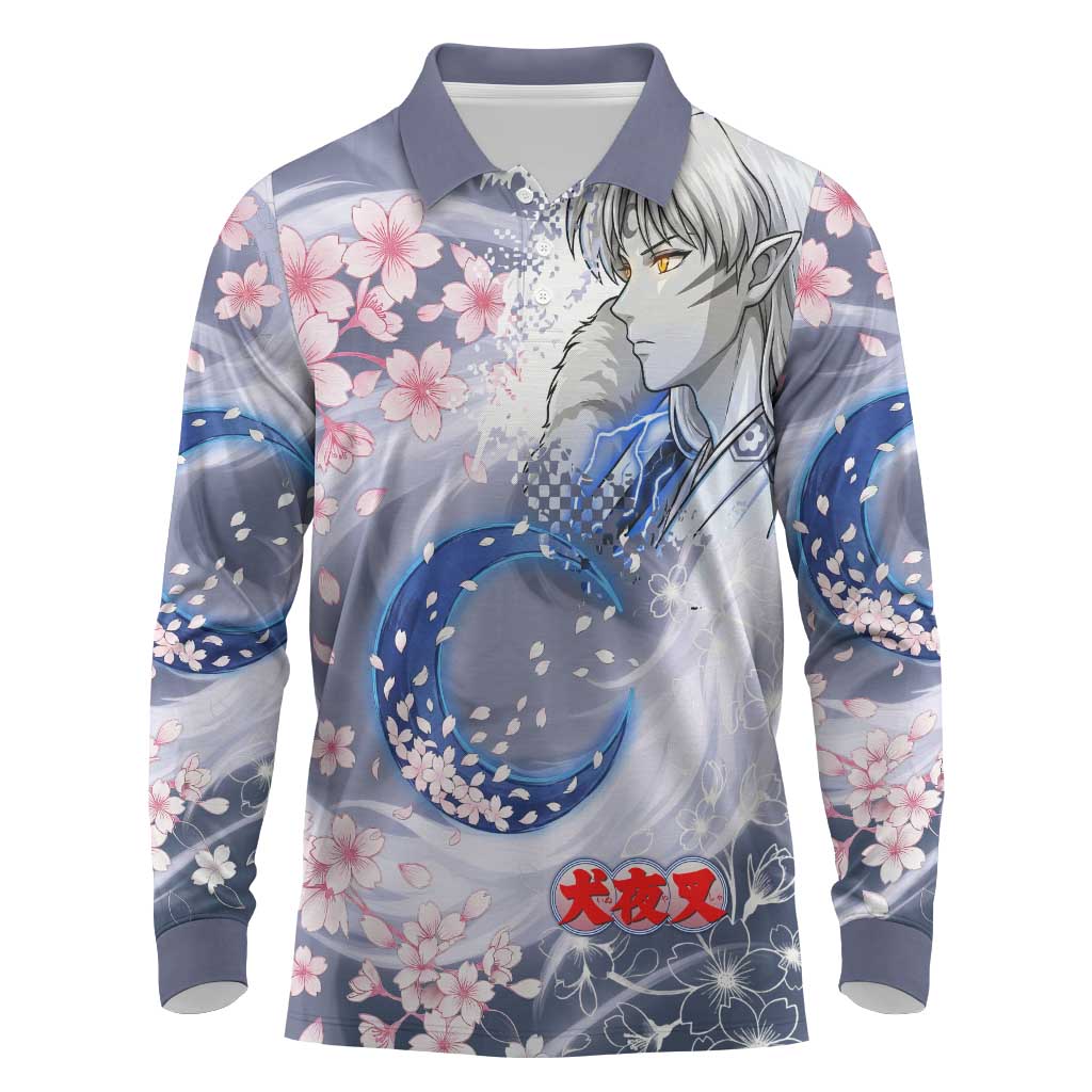 Sesshomaru Inuyasha Series Long Sleeve Polo Shirt Elegant Sakura Storm Style with Crescent Moon Motif