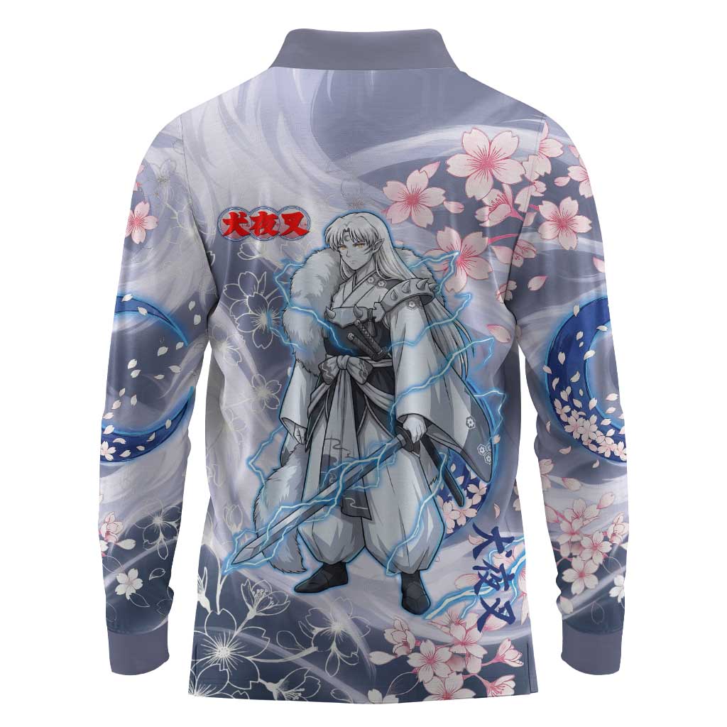 Sesshomaru Inuyasha Series Long Sleeve Polo Shirt Elegant Sakura Storm Style with Crescent Moon Motif