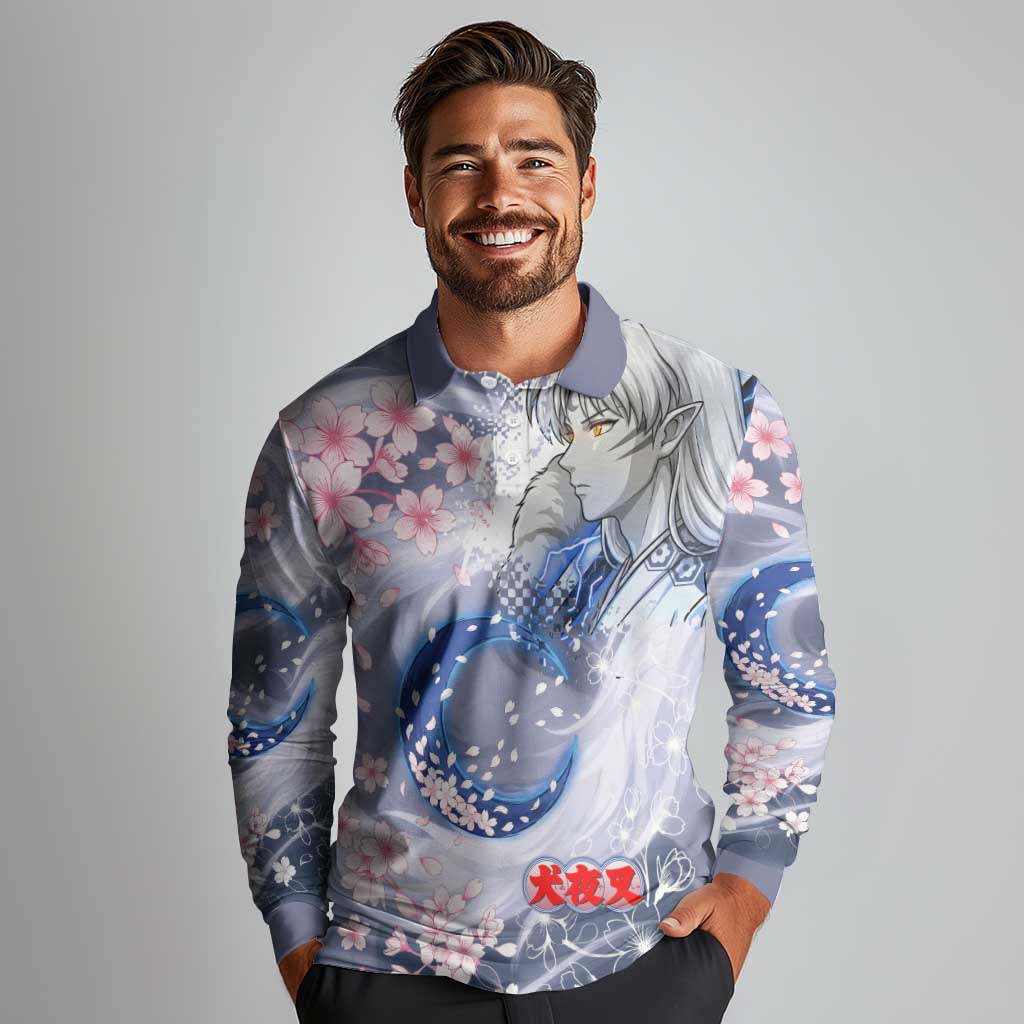 Sesshomaru Inuyasha Series Long Sleeve Polo Shirt Elegant Sakura Storm Style with Crescent Moon Motif