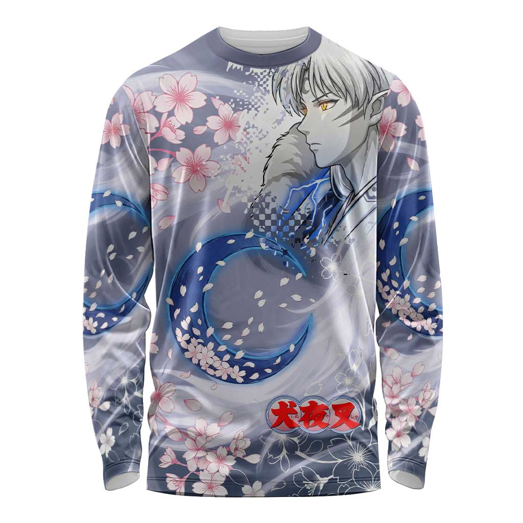 Sesshomaru Inuyasha Series Long Sleeve Shirt Elegant Sakura Storm Style with Crescent Moon Motif