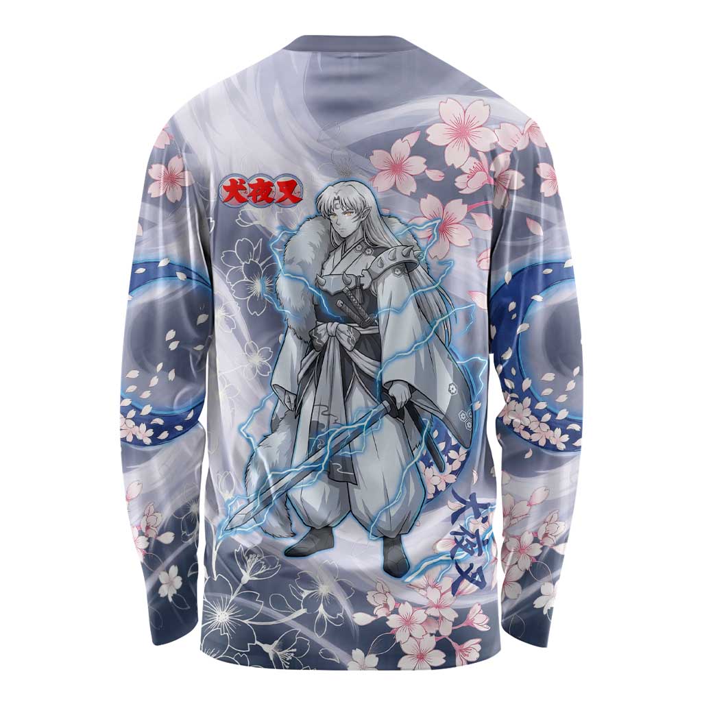 Sesshomaru Inuyasha Series Long Sleeve Shirt Elegant Sakura Storm Style with Crescent Moon Motif