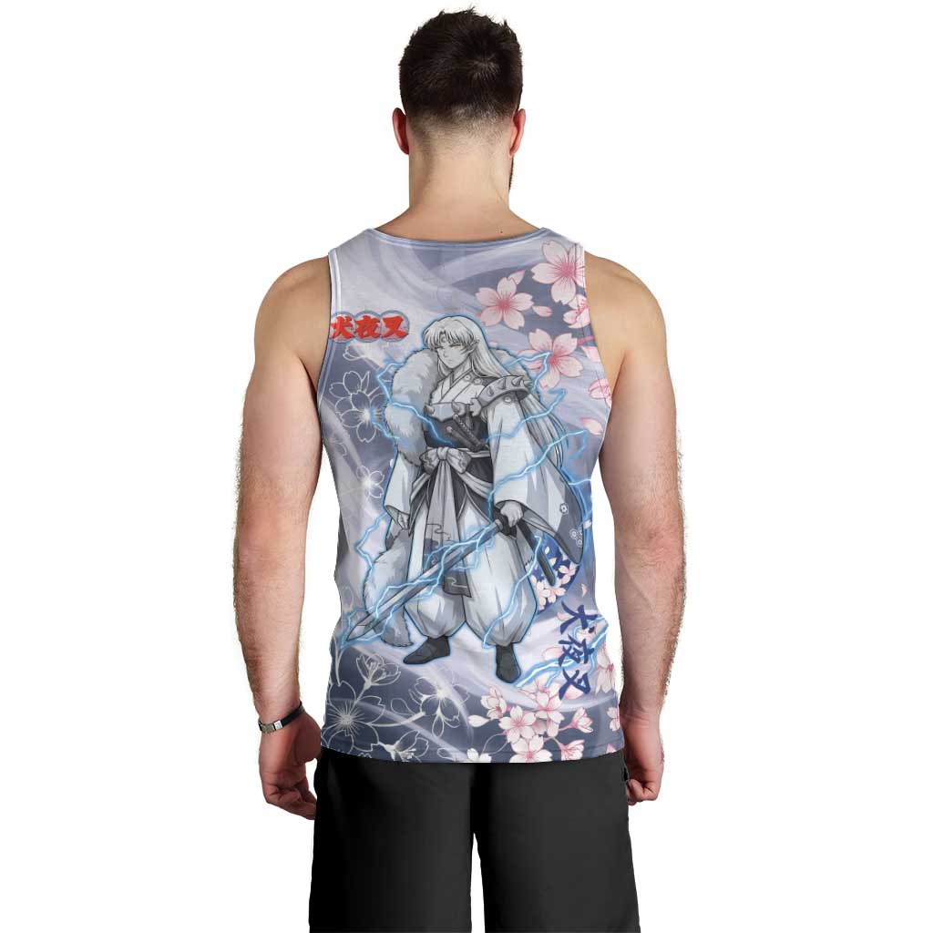 Sesshomaru Inuyasha Series Men Tank Top Elegant Sakura Storm Style with Crescent Moon Motif
