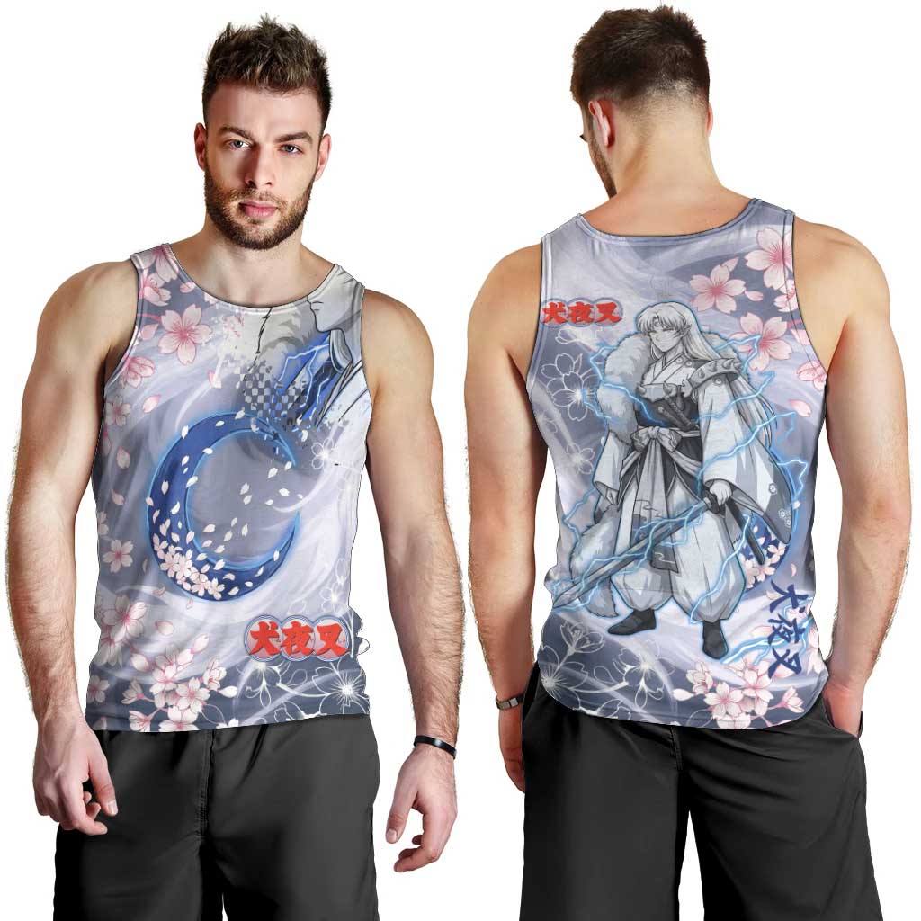 Sesshomaru Inuyasha Series Men Tank Top Elegant Sakura Storm Style with Crescent Moon Motif