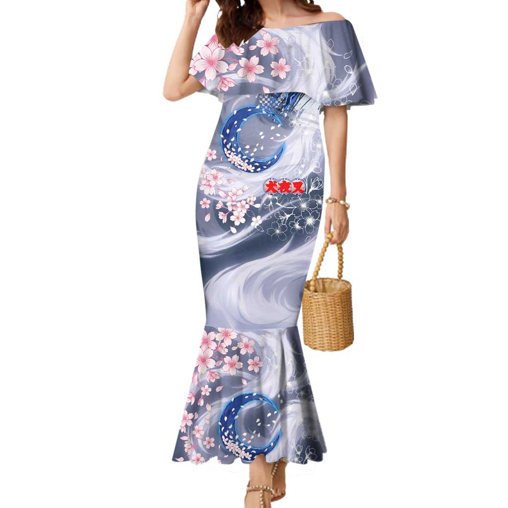 Sesshomaru Inuyasha Series Mermaid Dress Elegant Sakura Storm Style with Crescent Moon Motif