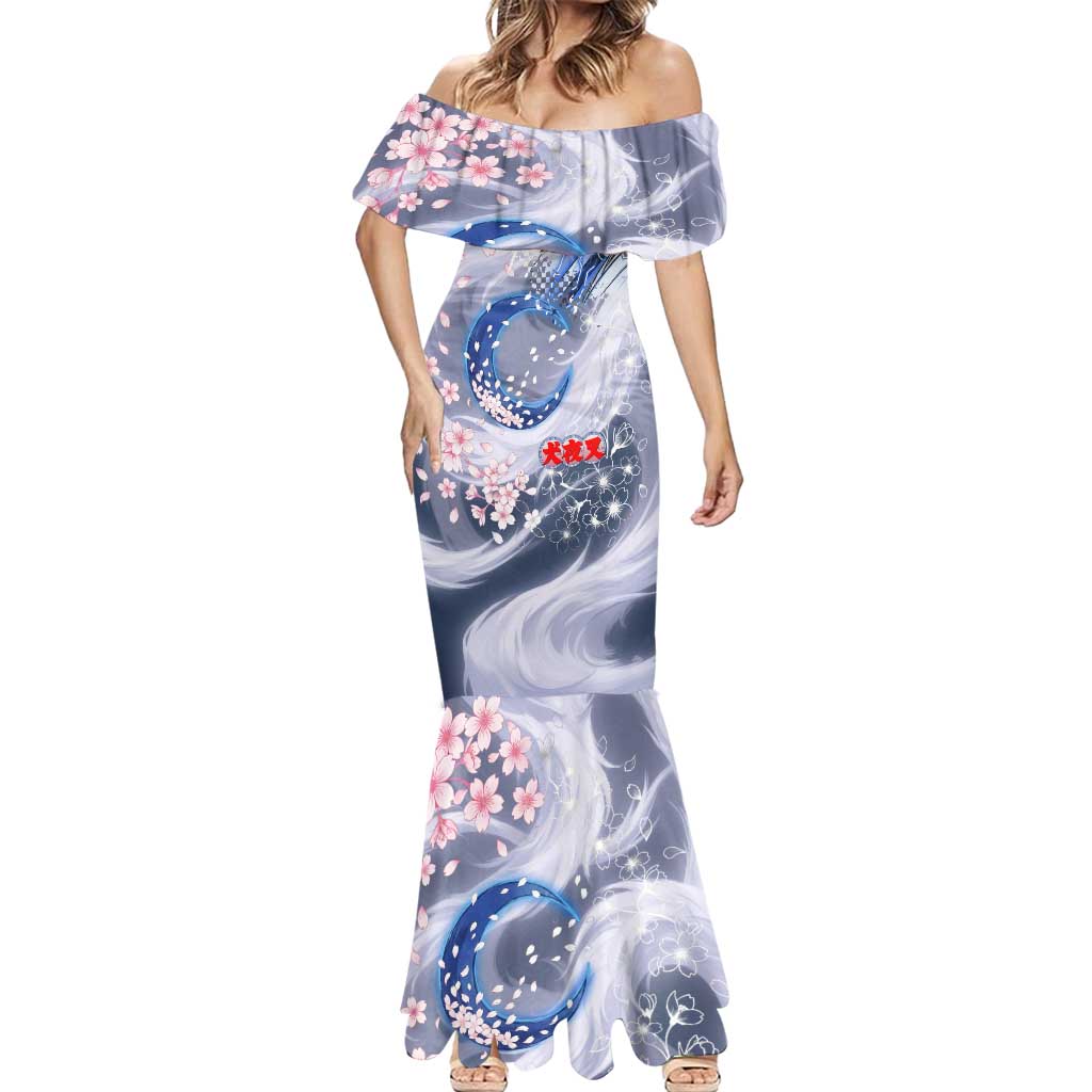 Sesshomaru Inuyasha Series Mermaid Dress Elegant Sakura Storm Style with Crescent Moon Motif