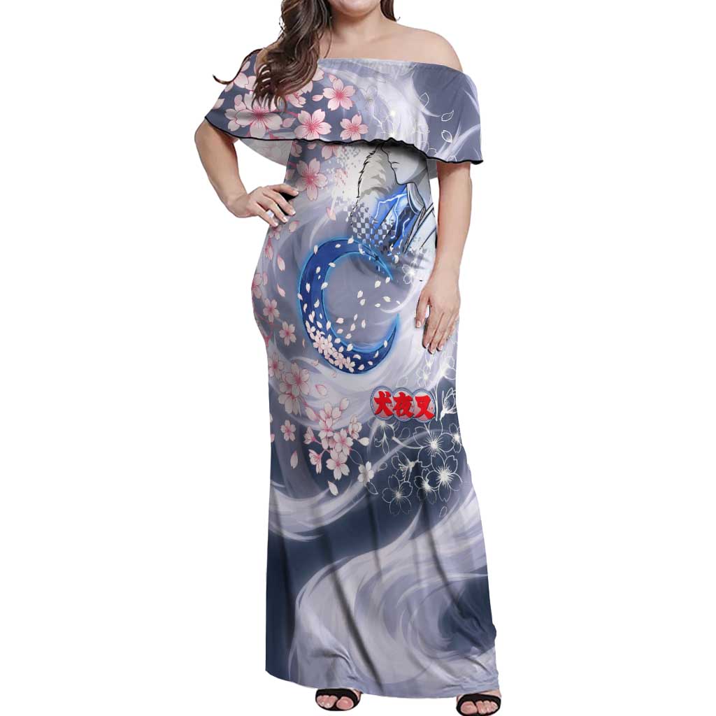 Sesshomaru Inuyasha Series Off Shoulder Maxi Dress Elegant Sakura Storm Style with Crescent Moon Motif