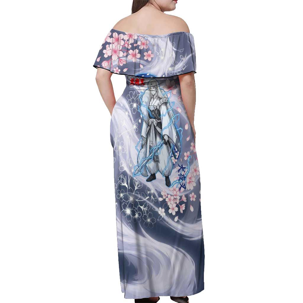 Sesshomaru Inuyasha Series Off Shoulder Maxi Dress Elegant Sakura Storm Style with Crescent Moon Motif