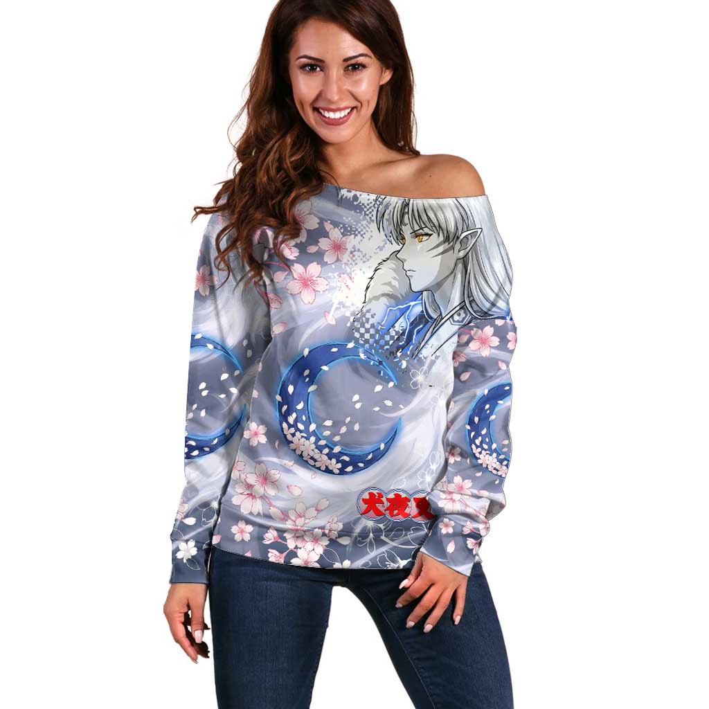 Sesshomaru Inuyasha Series Off Shoulder Sweater Elegant Sakura Storm Style with Crescent Moon Motif