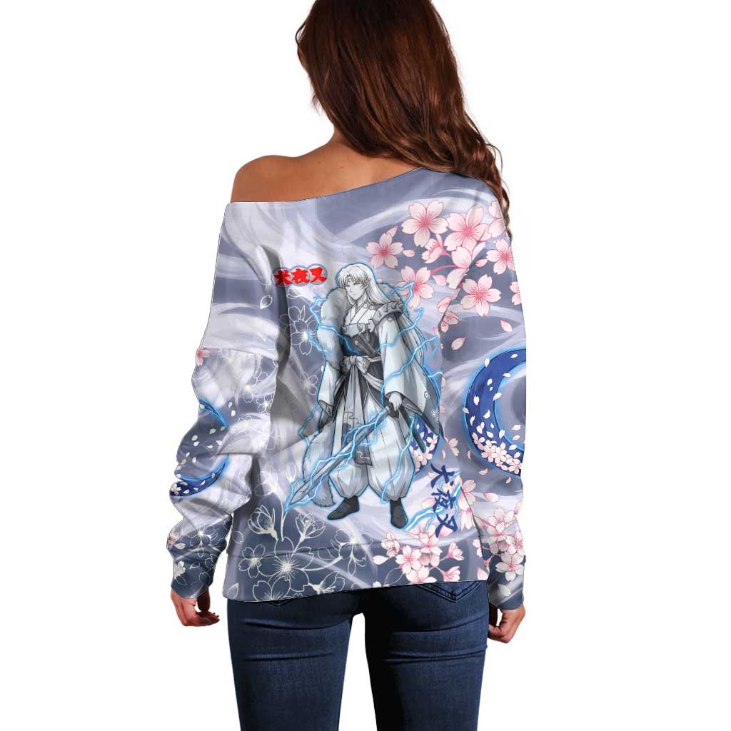 Sesshomaru Inuyasha Series Off Shoulder Sweater Elegant Sakura Storm Style with Crescent Moon Motif