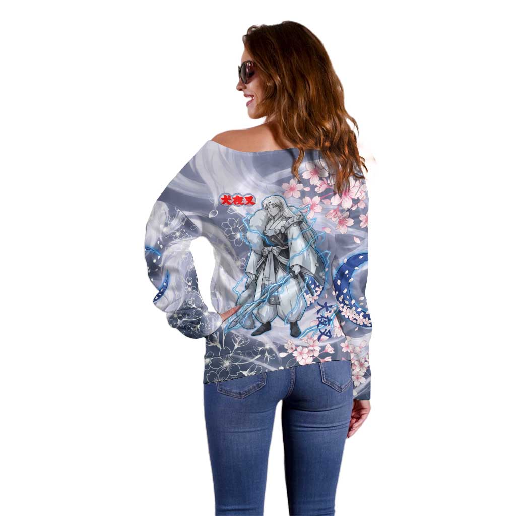 Sesshomaru Inuyasha Series Off Shoulder Sweater Elegant Sakura Storm Style with Crescent Moon Motif