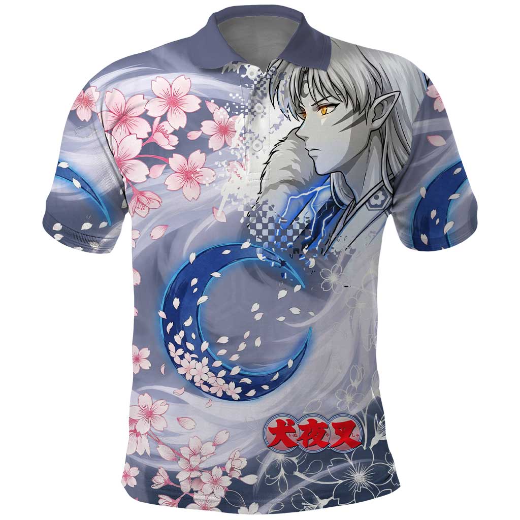 Sesshomaru Inuyasha Series Polo Shirt Elegant Sakura Storm Style with Crescent Moon Motif