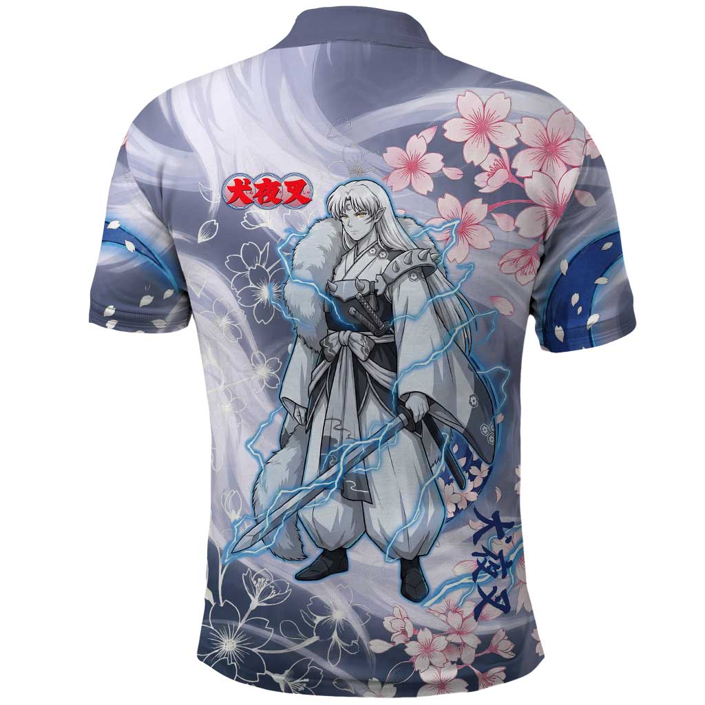 Sesshomaru Inuyasha Series Polo Shirt Elegant Sakura Storm Style with Crescent Moon Motif