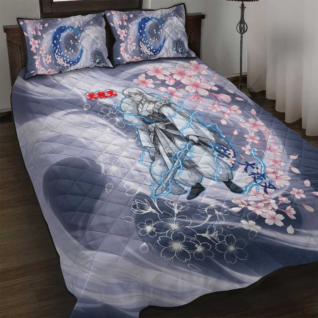Sesshomaru Inuyasha Series Quilt Bed Set Elegant Sakura Storm Style with Crescent Moon Motif