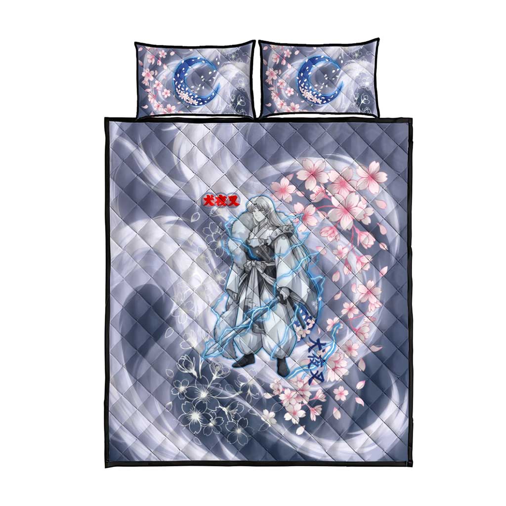 Sesshomaru Inuyasha Series Quilt Bed Set Elegant Sakura Storm Style with Crescent Moon Motif
