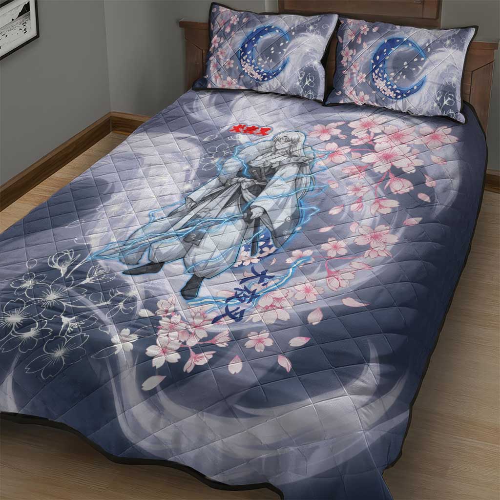 Sesshomaru Inuyasha Series Quilt Bed Set Elegant Sakura Storm Style with Crescent Moon Motif