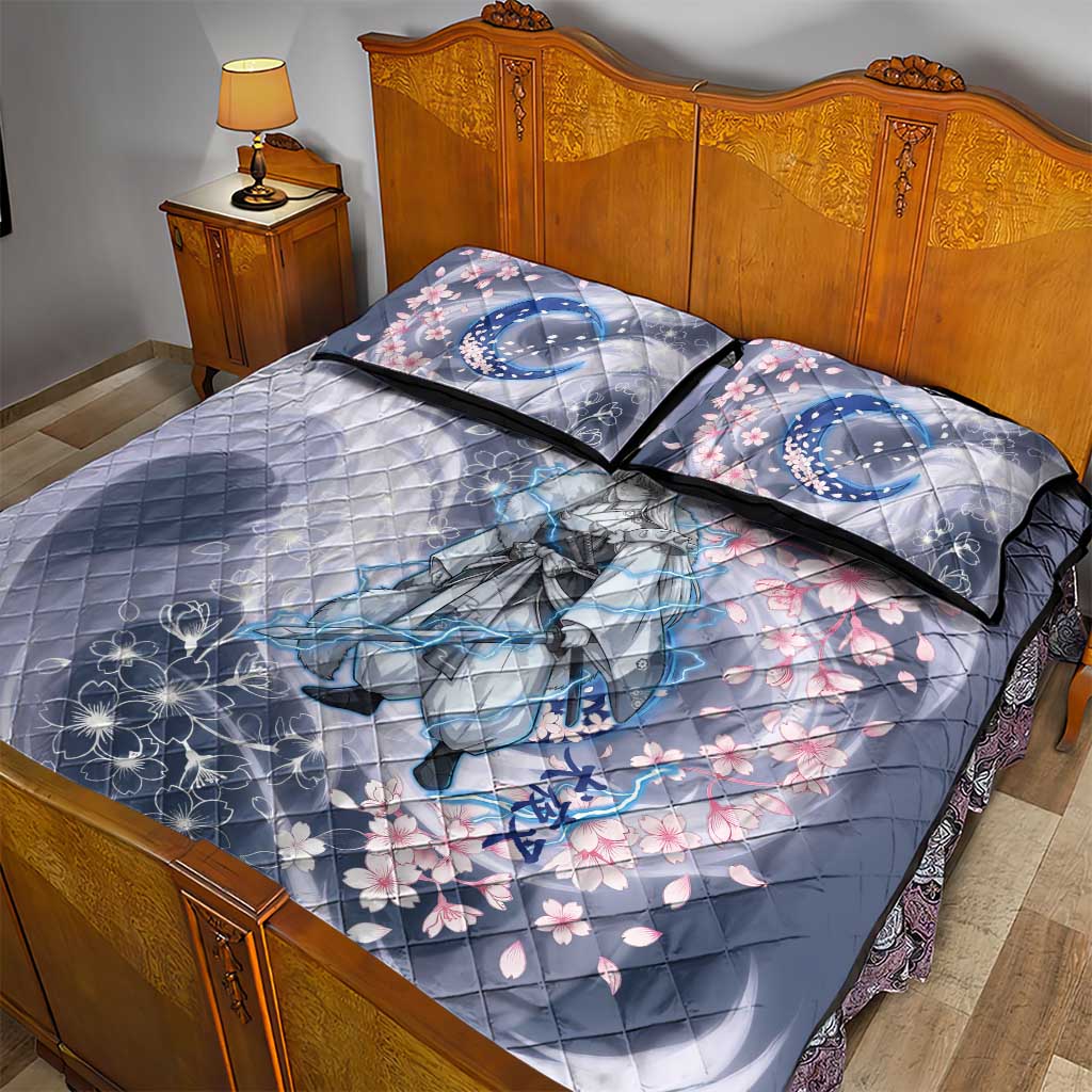Sesshomaru Inuyasha Series Quilt Bed Set Elegant Sakura Storm Style with Crescent Moon Motif