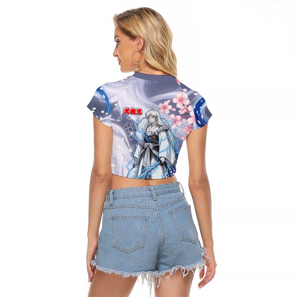 Sesshomaru Inuyasha Series Raglan Cropped T Shirt Elegant Sakura Storm Style with Crescent Moon Motif