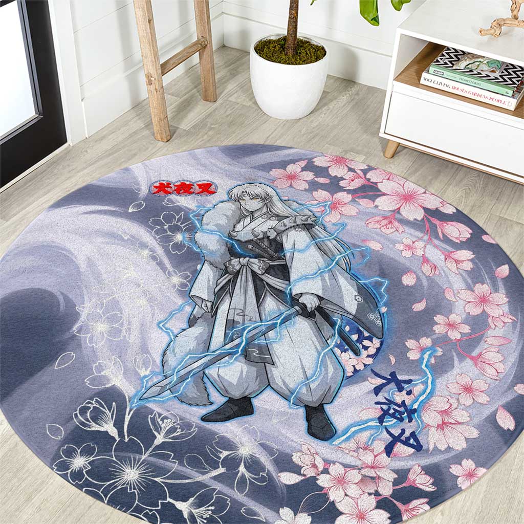 Sesshomaru Inuyasha Series Round Carpet Elegant Sakura Storm Style with Crescent Moon Motif