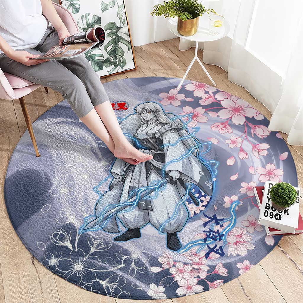 Sesshomaru Inuyasha Series Round Carpet Elegant Sakura Storm Style with Crescent Moon Motif