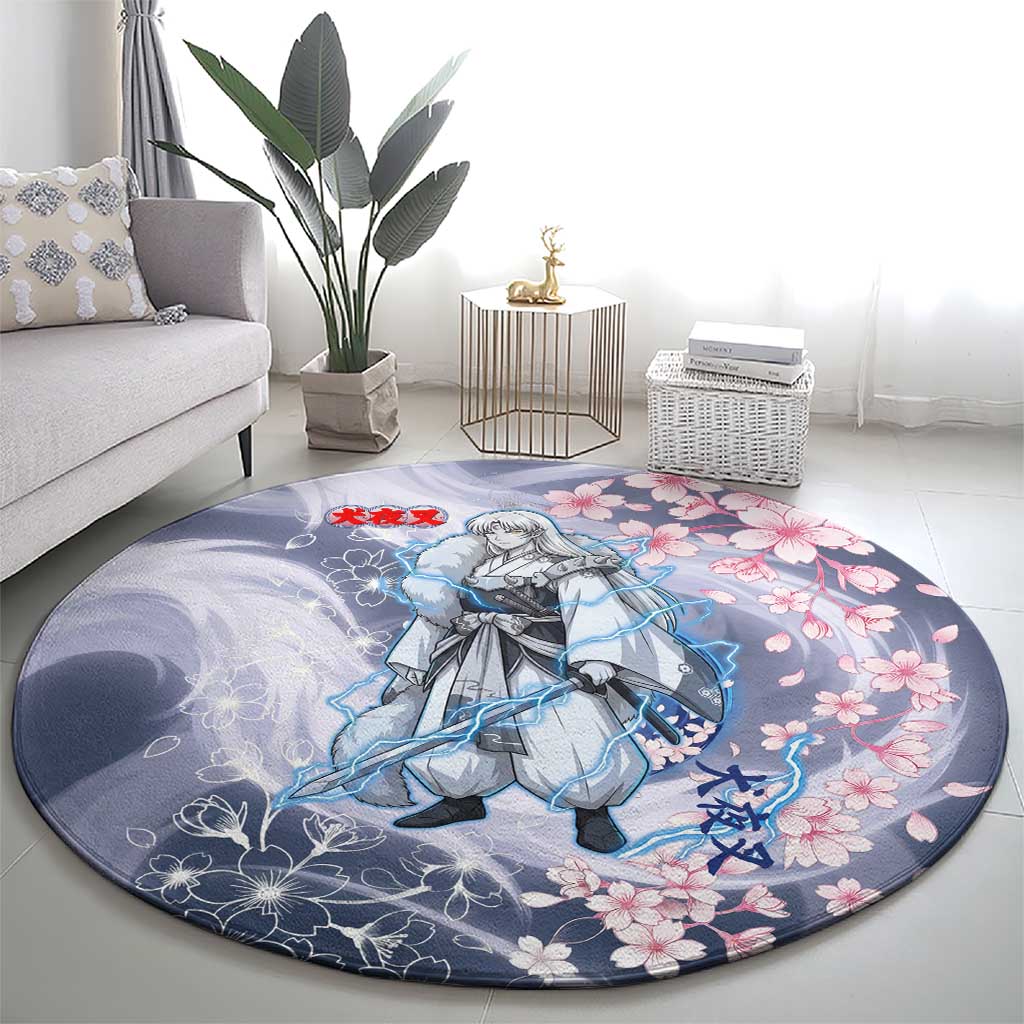 Sesshomaru Inuyasha Series Round Carpet Elegant Sakura Storm Style with Crescent Moon Motif