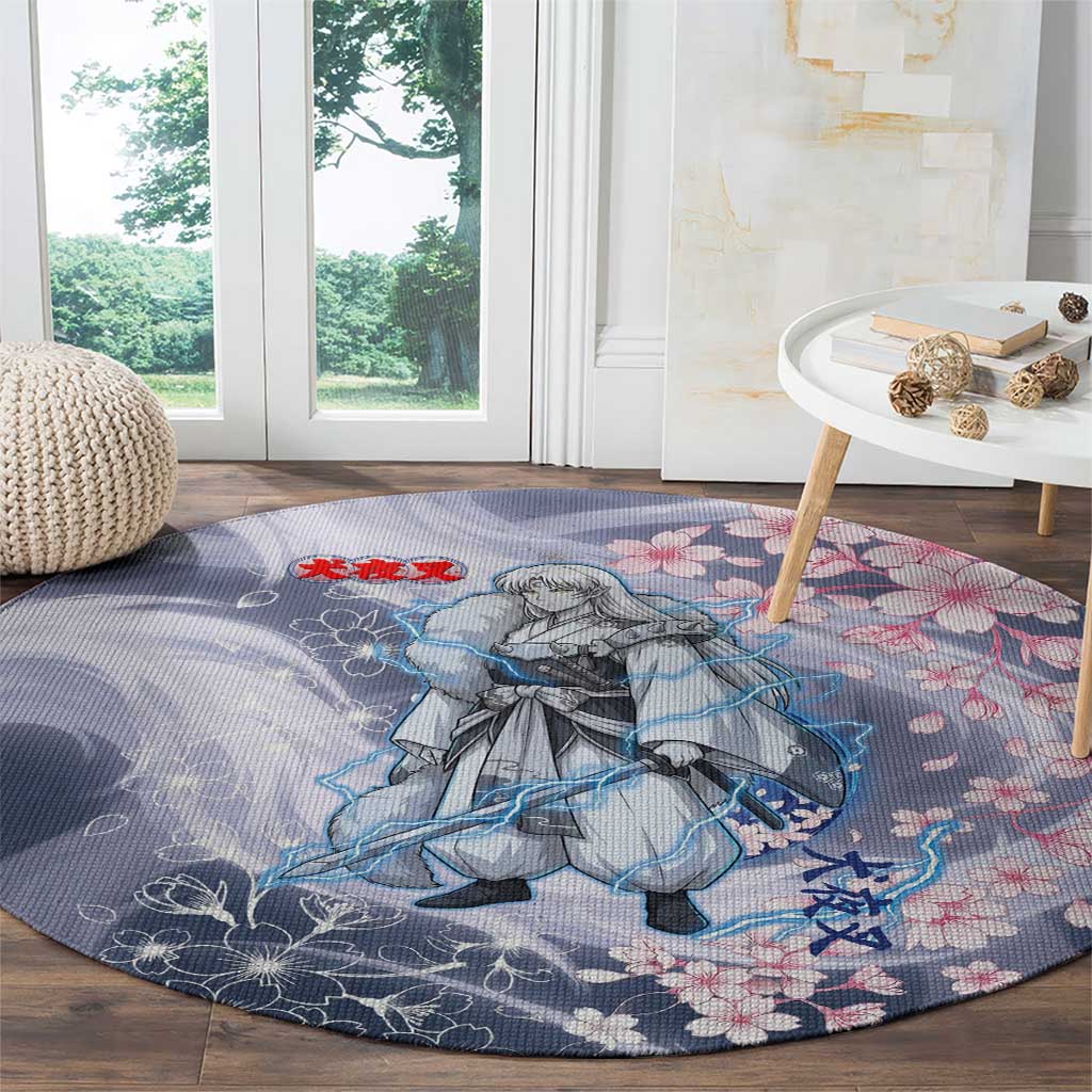 Sesshomaru Inuyasha Series Round Carpet Elegant Sakura Storm Style with Crescent Moon Motif