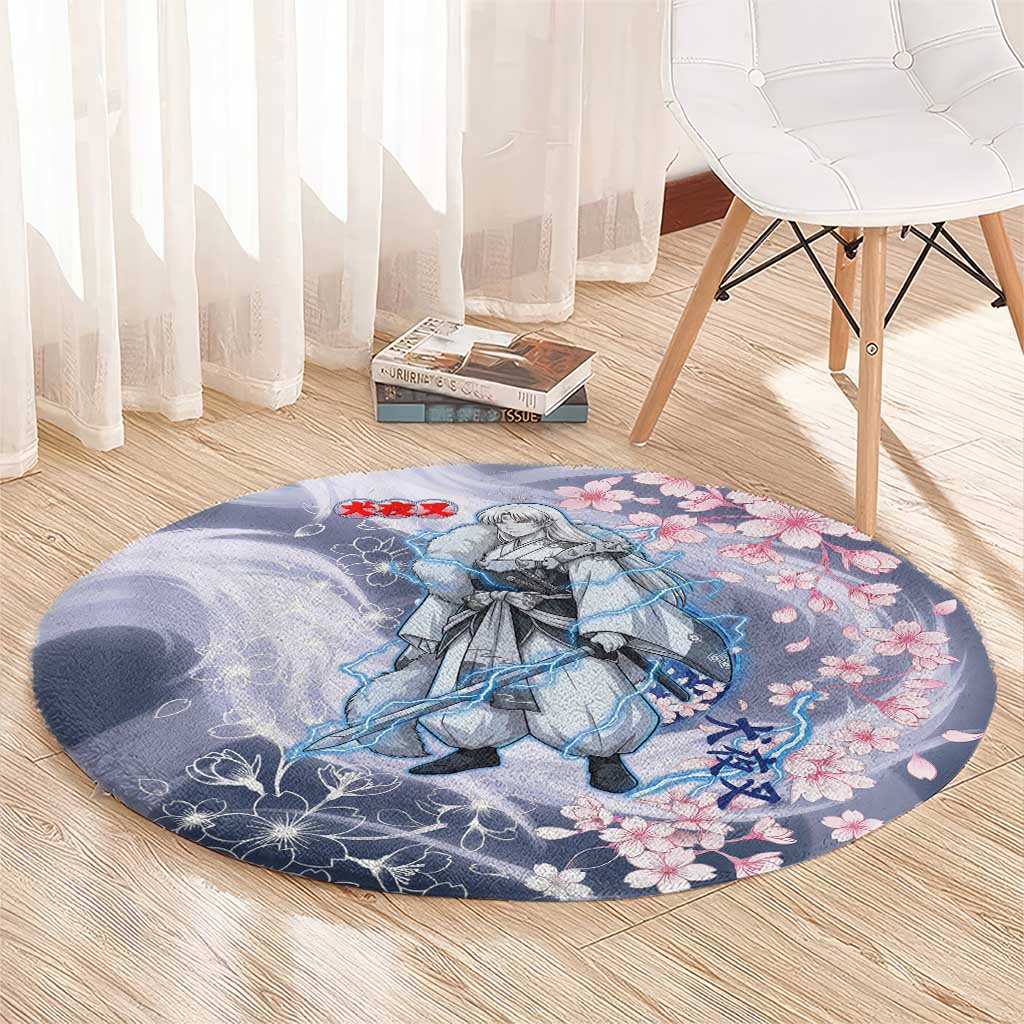 Sesshomaru Inuyasha Series Round Carpet Elegant Sakura Storm Style with Crescent Moon Motif