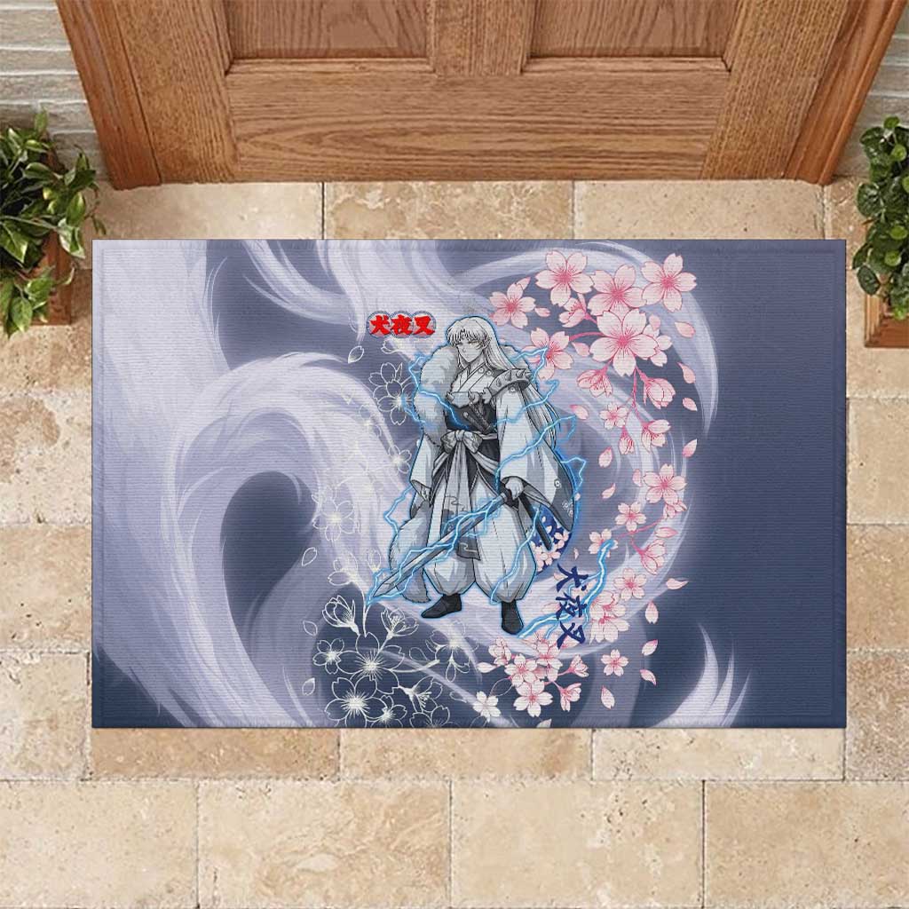 Sesshomaru Inuyasha Series Rubber Doormat Elegant Sakura Storm Style with Crescent Moon Motif