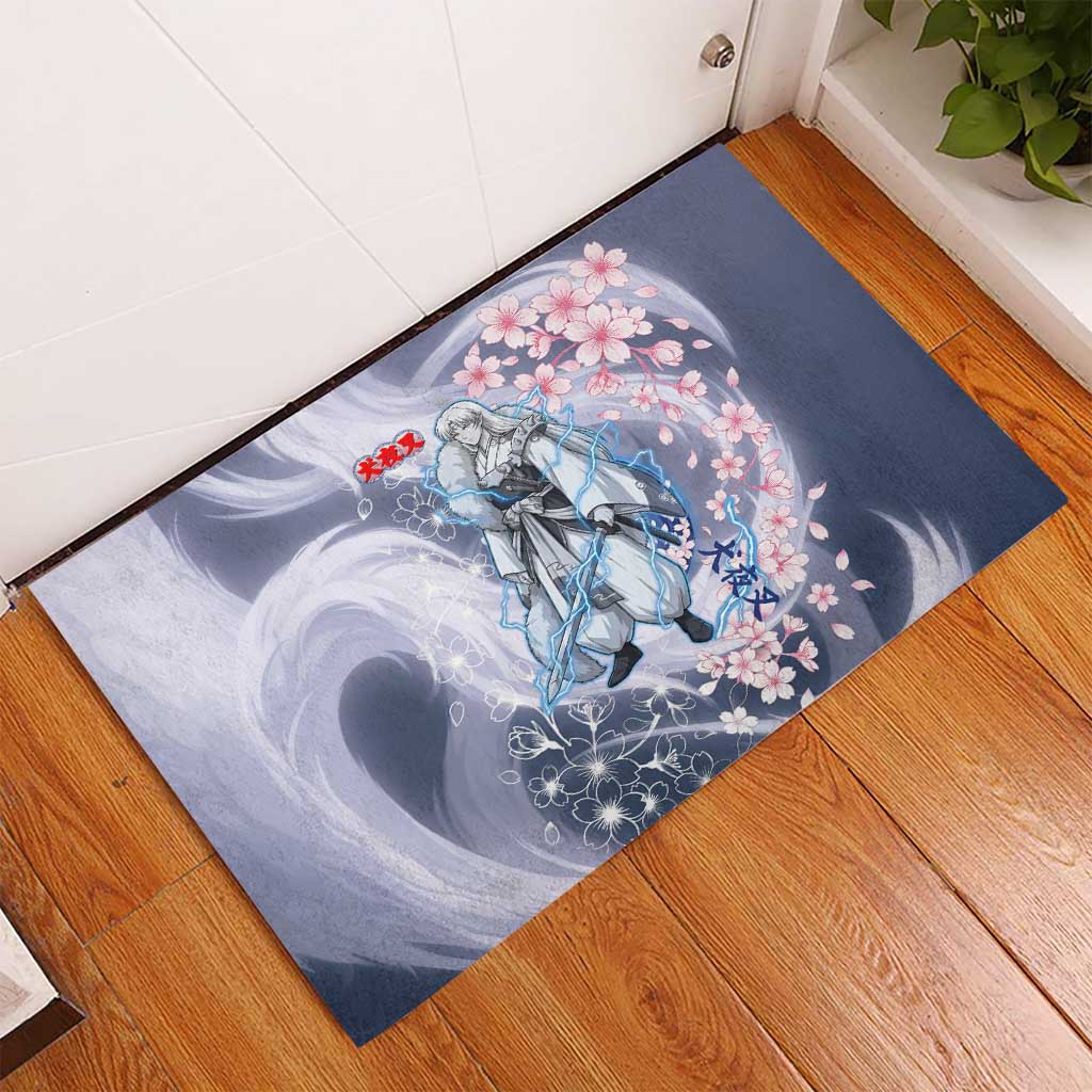 Sesshomaru Inuyasha Series Rubber Doormat Elegant Sakura Storm Style with Crescent Moon Motif