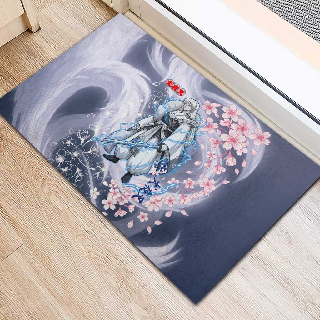 Sesshomaru Inuyasha Series Rubber Doormat Elegant Sakura Storm Style with Crescent Moon Motif