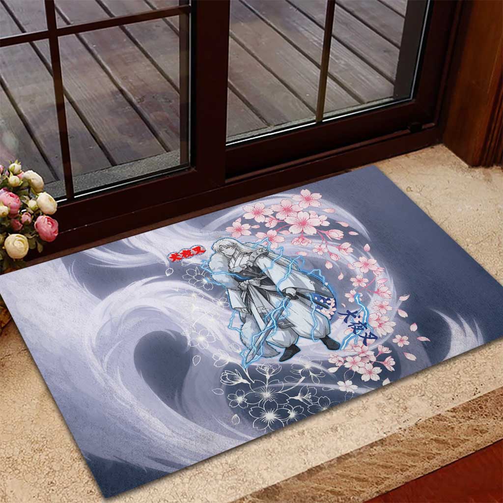 Sesshomaru Inuyasha Series Rubber Doormat Elegant Sakura Storm Style with Crescent Moon Motif