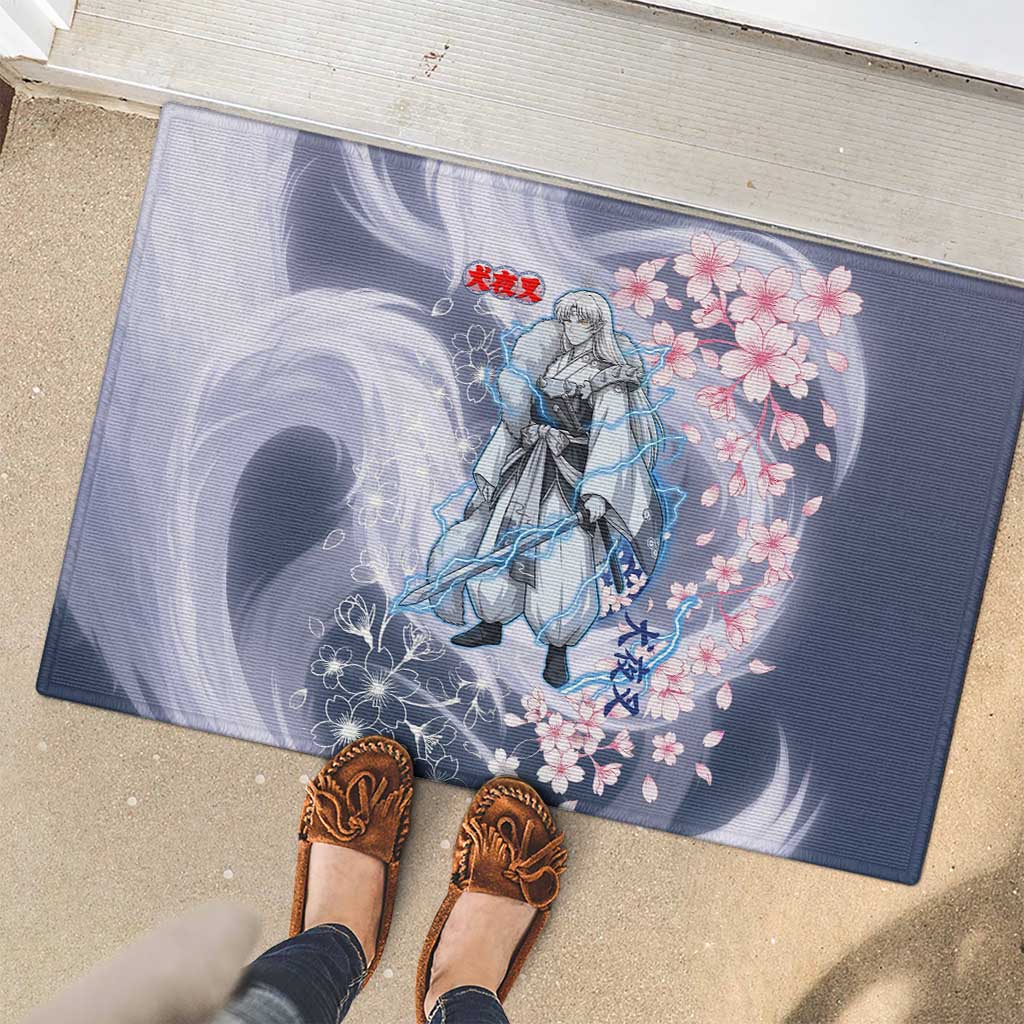 Sesshomaru Inuyasha Series Rubber Doormat Elegant Sakura Storm Style with Crescent Moon Motif
