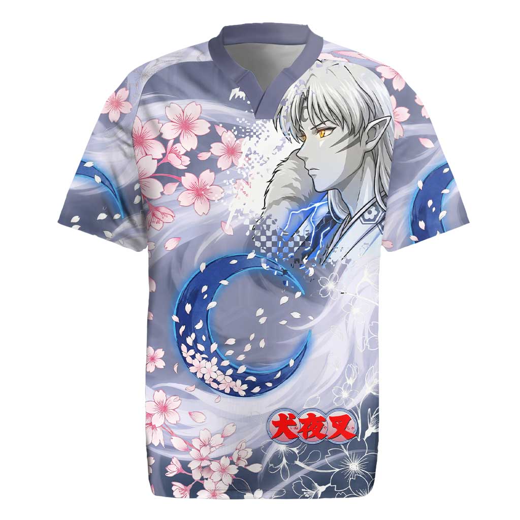 Sesshomaru Inuyasha Series Rugby Jersey Elegant Sakura Storm Style with Crescent Moon Motif