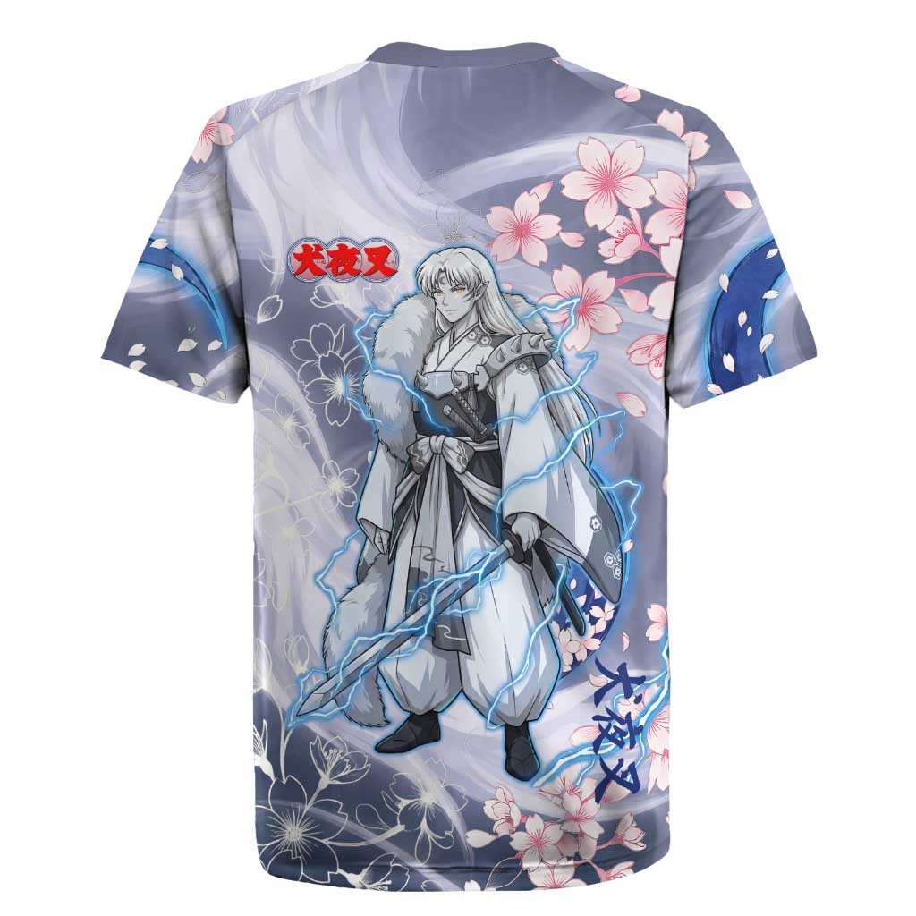 Sesshomaru Inuyasha Series Rugby Jersey Elegant Sakura Storm Style with Crescent Moon Motif