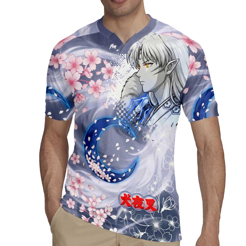 Sesshomaru Inuyasha Series Rugby Jersey Elegant Sakura Storm Style with Crescent Moon Motif