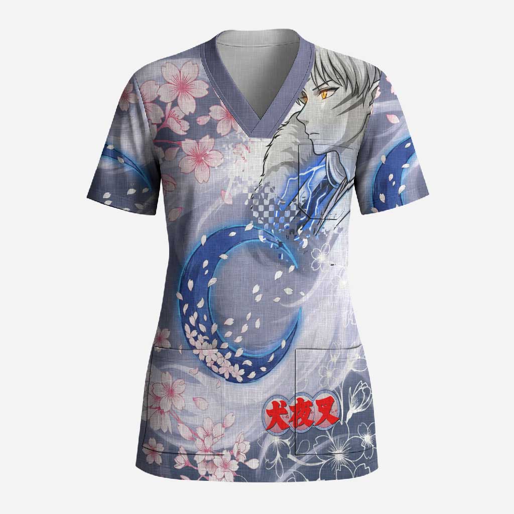 Sesshomaru Inuyasha Series Scrub Top Elegant Sakura Storm Style with Crescent Moon Motif