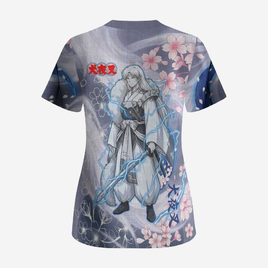 Sesshomaru Inuyasha Series Scrub Top Elegant Sakura Storm Style with Crescent Moon Motif