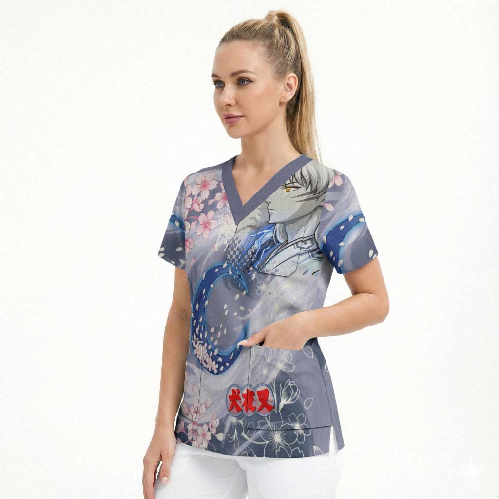 Sesshomaru Inuyasha Series Scrub Top Elegant Sakura Storm Style with Crescent Moon Motif